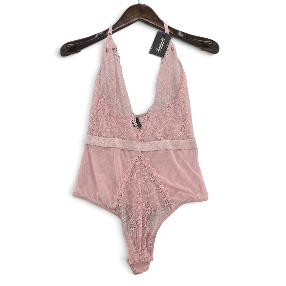 Frederick's Hollywood Saffron Teddy Bodysuit Pink Lace Halter NWT Large Sexy - Picture 3 of 8